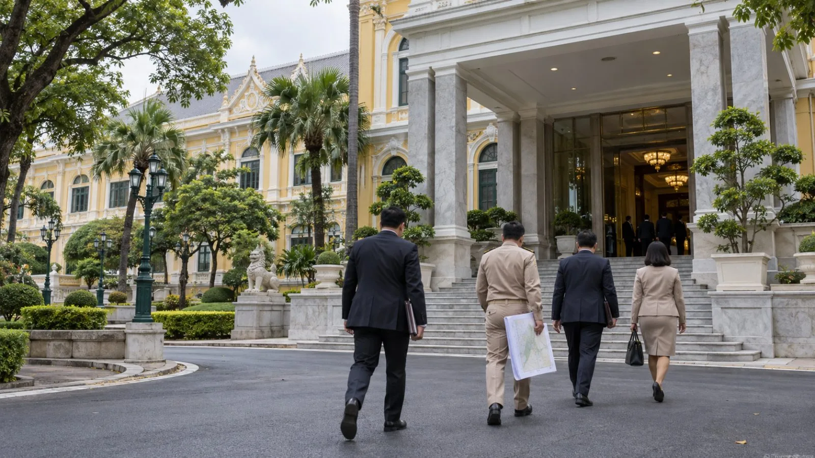 The Ministry of Interior entrance sits beneath trees on an overcast morning in Bangkok, Thailand. (AI-generated image / EconoTimes)