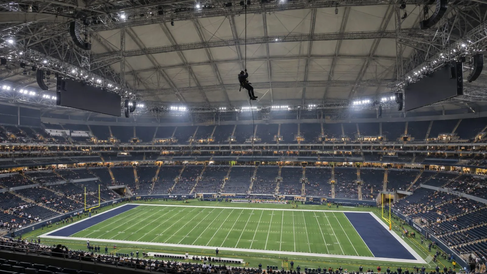 A service member descends by rope during a pregame display inside San Antonio's Alamodome. (AI-generated image / EconoTimes)