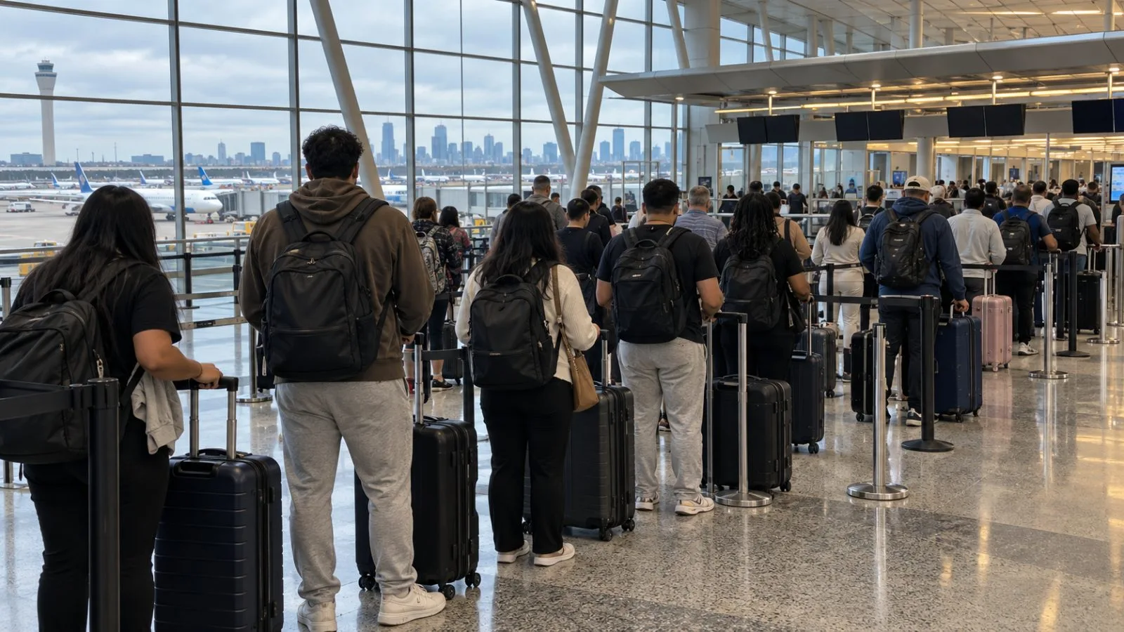 Travelers queue with luggage at Newark Liberty International Airport in Newark, New Jersey. (AI-generated image / EconoTimes)