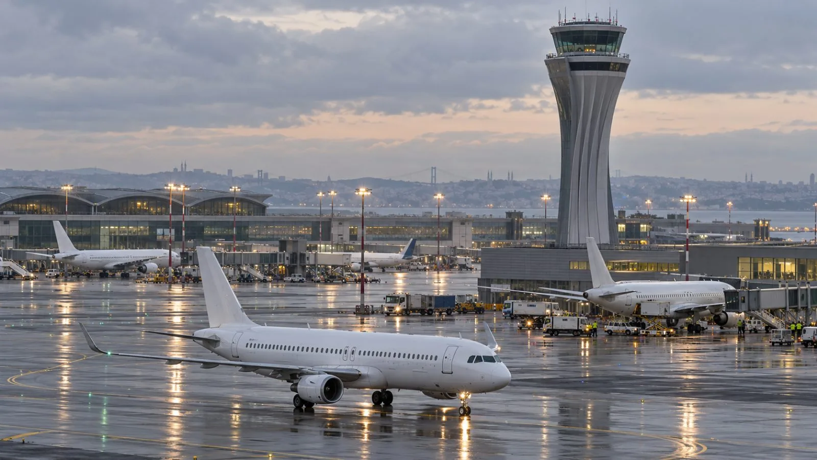 A passenger aircraft taxis beneath the control tower at Istanbul Airport in Istanbul, Türkiye. (AI-generated image / EconoTimes)