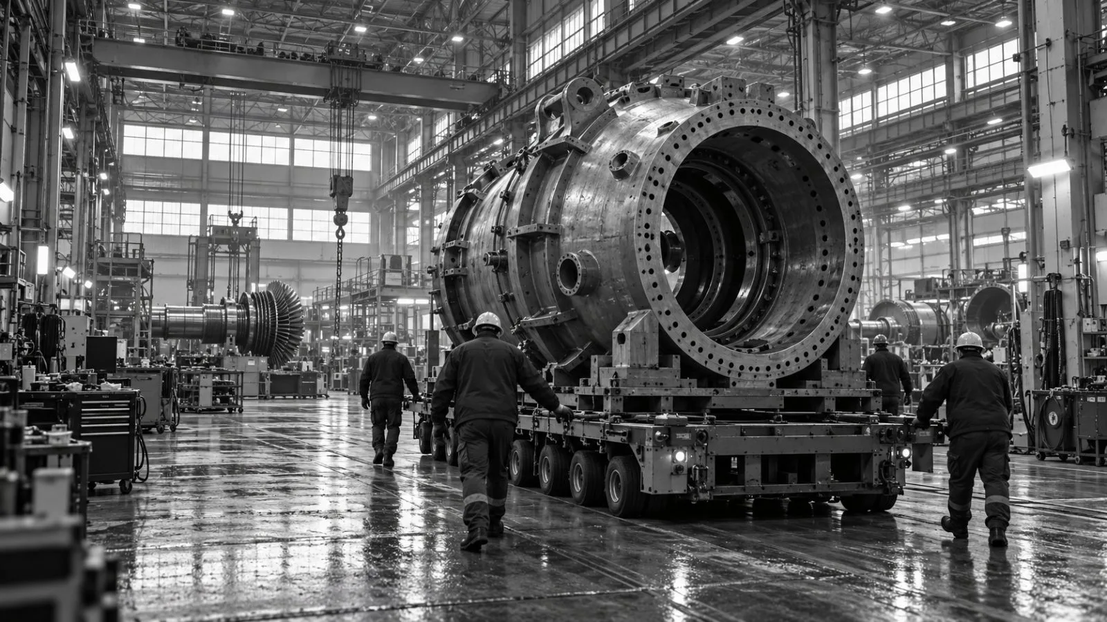 A gas turbine stands on the assembly floor at GE Vernova’s Greenville, South Carolina, facility. / EconoTimes.ai