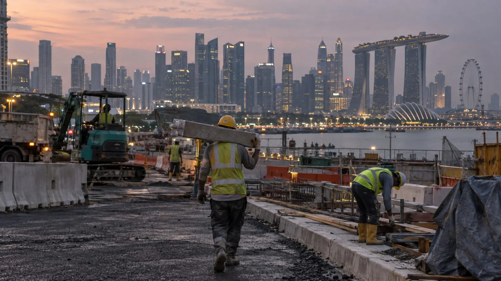 Road workers carry out outdoor duties at a hazy construction site in Singapore at dusk. (AI-generated image / EconoTimes)