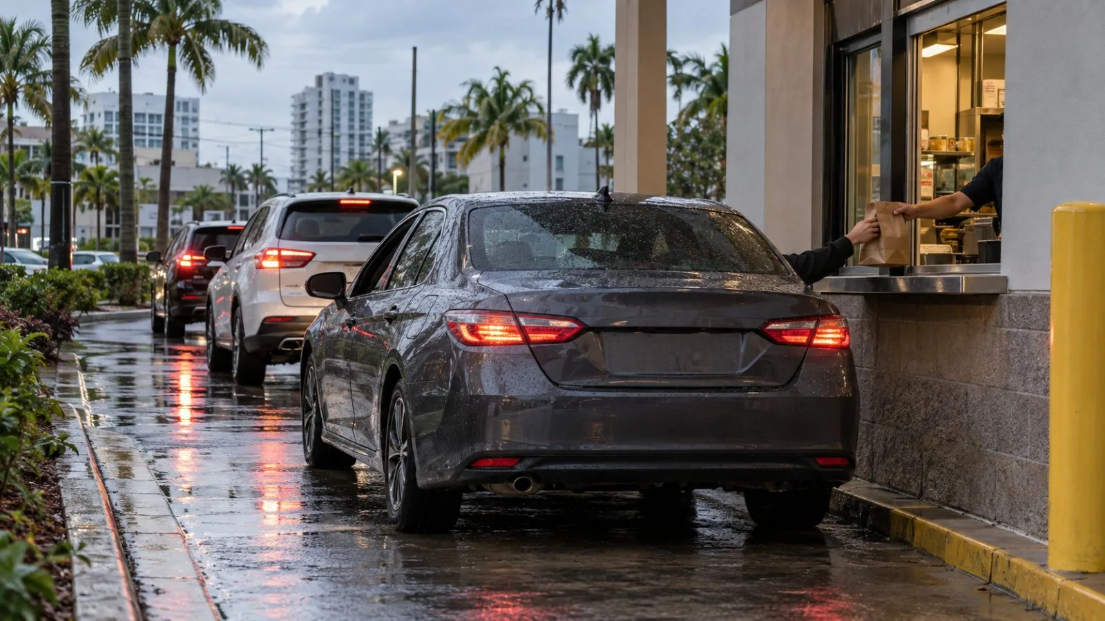 Cars queue at a fast-food drive-through in Miami, Florida, on a cloudy afternoon. (AI-generated image / EconoTimes)