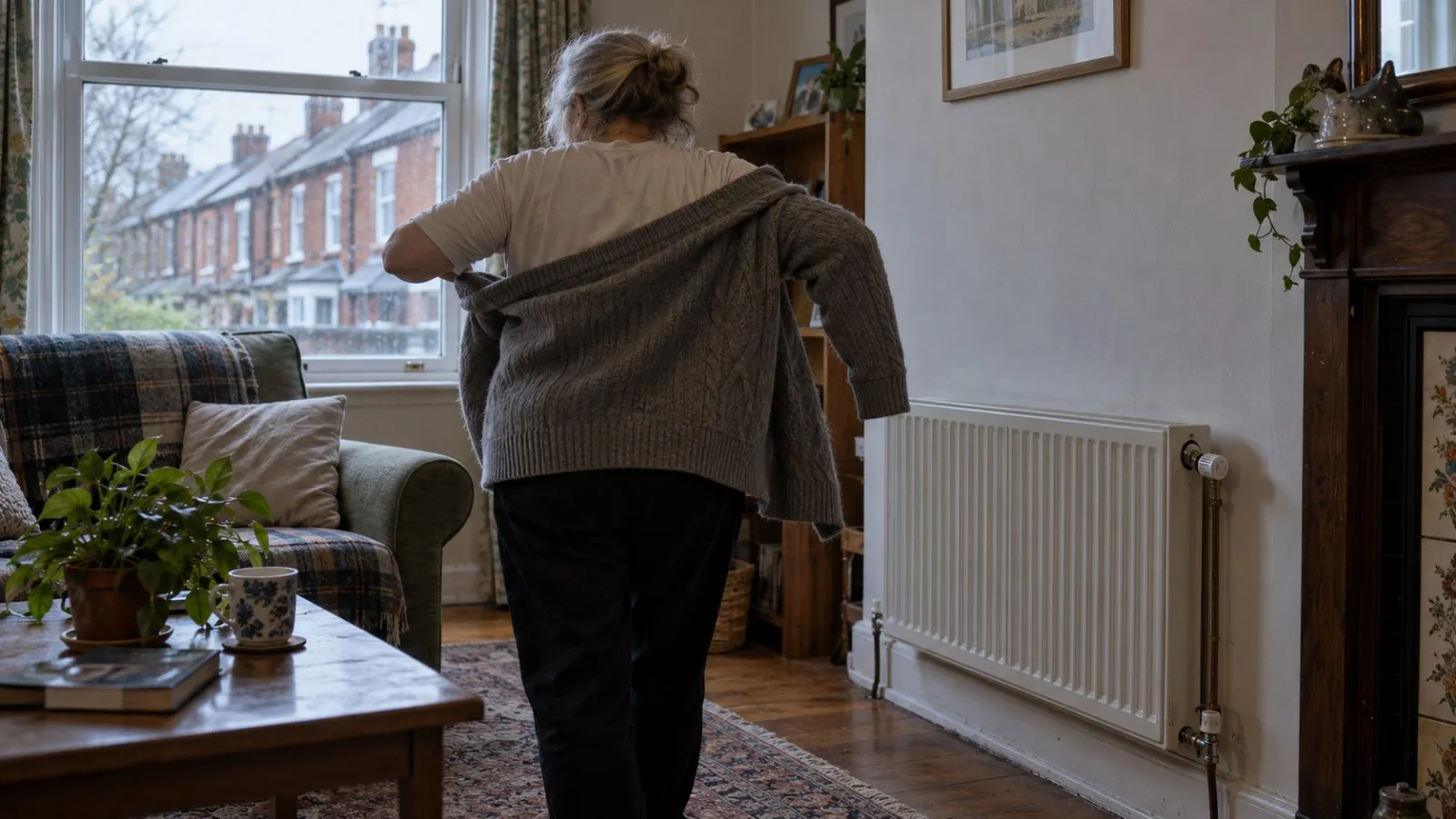 A resident pulls on a cardigan beside a switched-off radiator in a Manchester, England, home. (AI-generated image / EconoTimes)