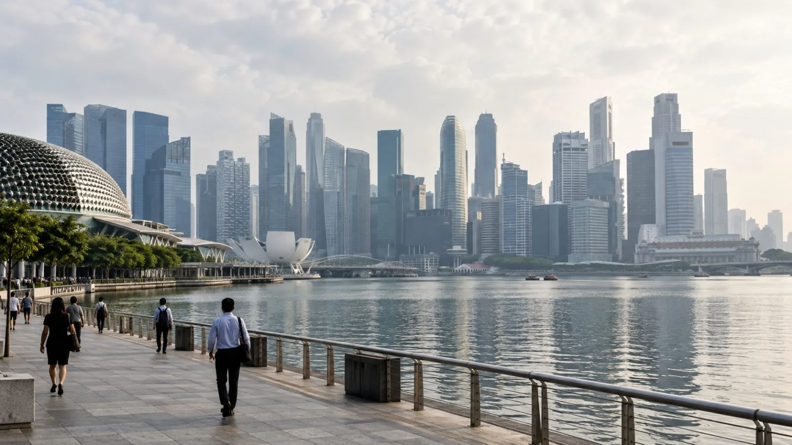 Haze softens Singapore's Marina Bay skyline above the waterfront promenade in morning light (AI-generated image / EconoTimes)