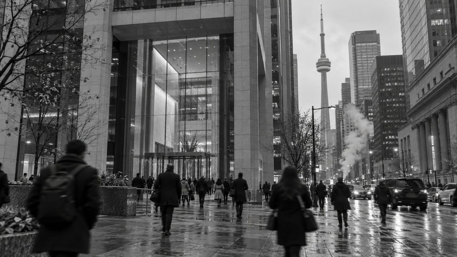 Pedestrians pass a glass office tower in Toronto's financial district. (AI-generated image / EconoTimes)