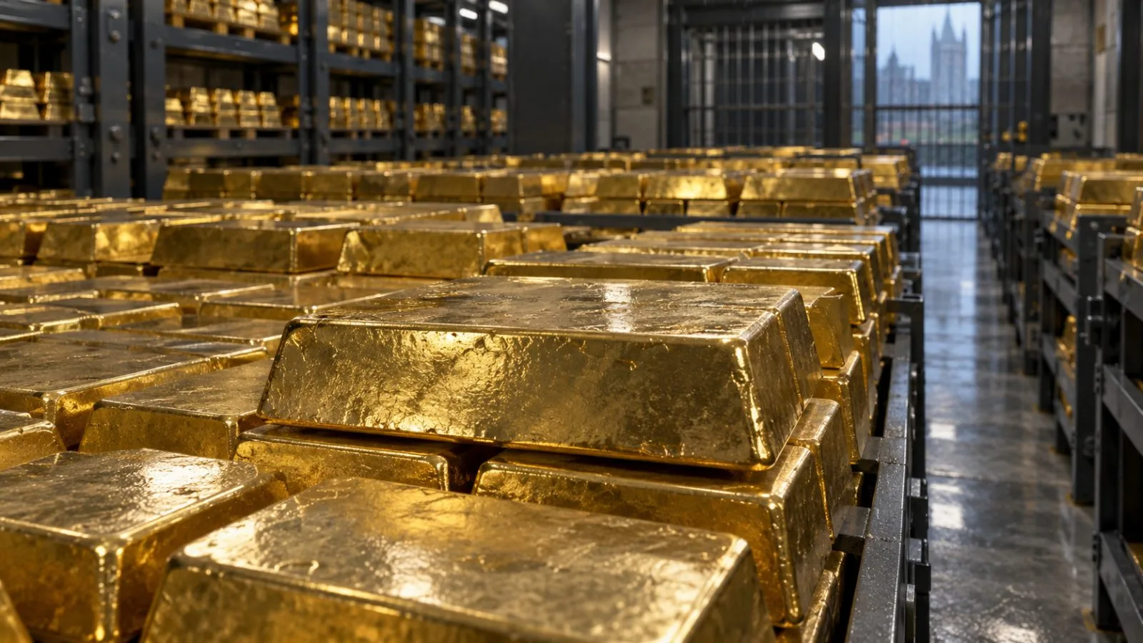 Gold bars sit in a secure bullion vault in London, England. (AI-generated image / EconoTimes)