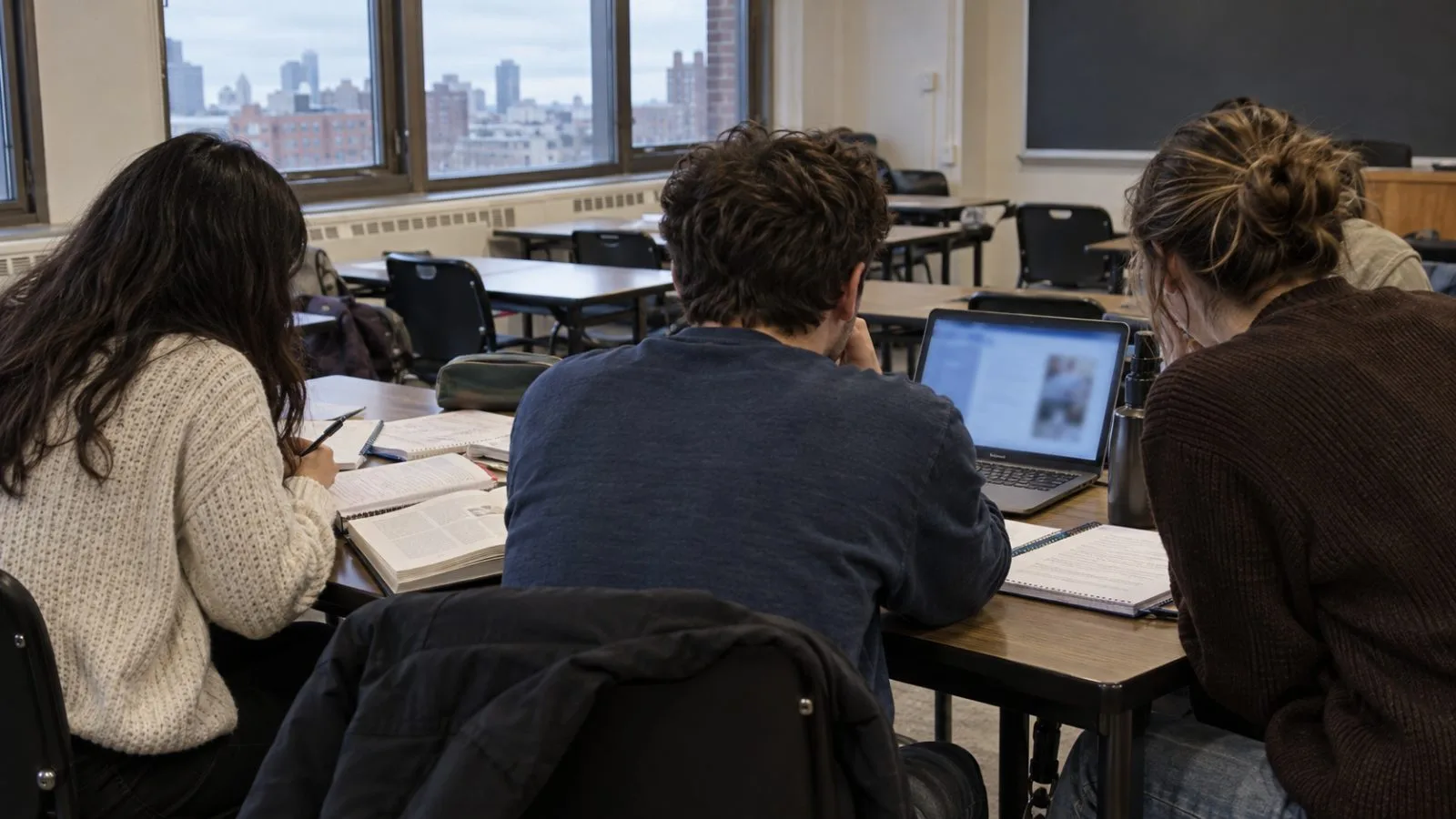 Students compare course materials during a small-group discussion in a New York City classroom. (AI-generated image / EconoTimes)