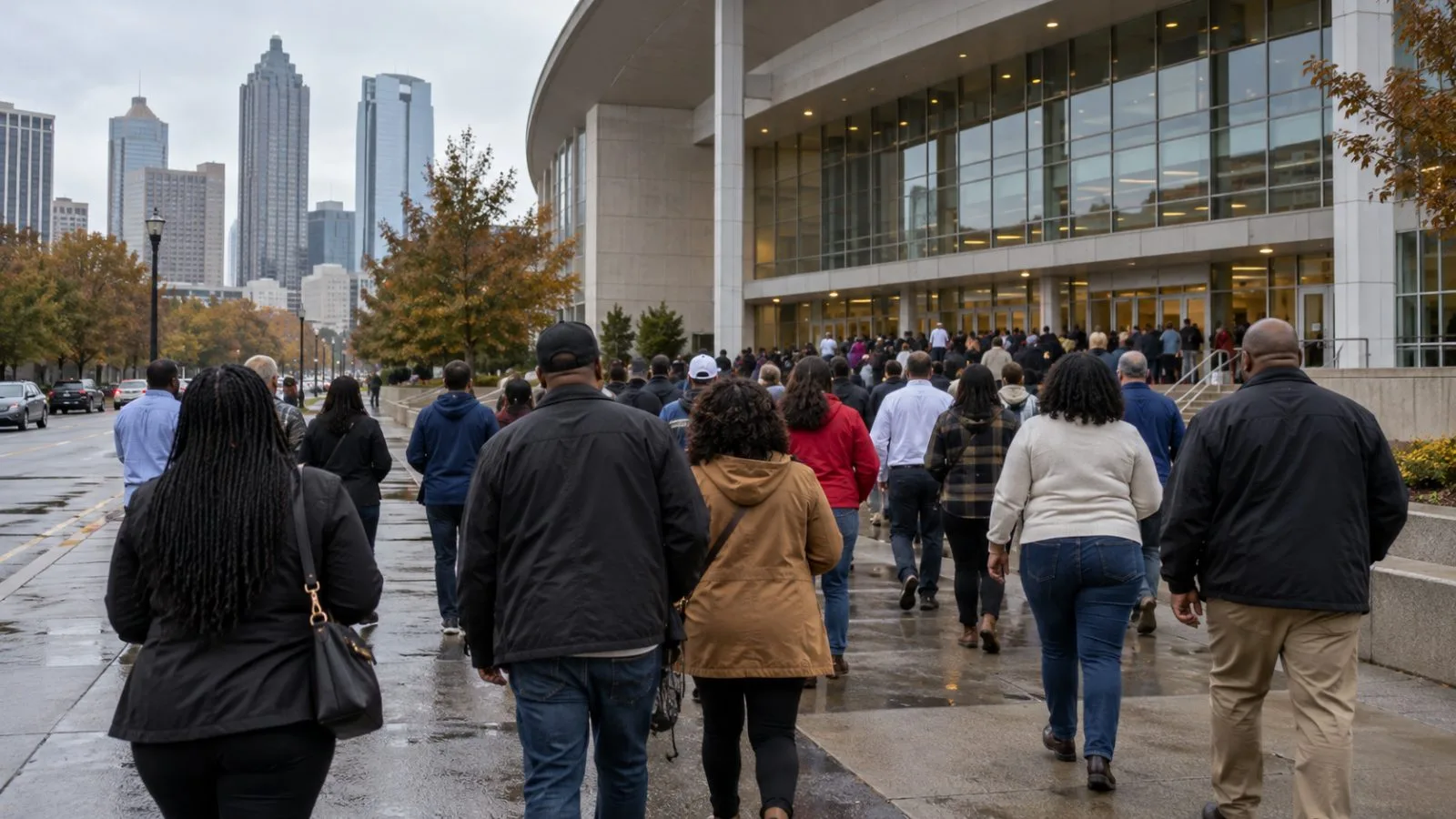 Campaign rally attendees gather outside a venue in Atlanta, Georgia, during the U.S. midterm season. (AI-generated image / EconoTimes)