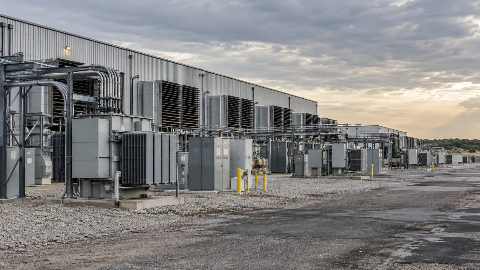 Electrical transformers stand beside a Bitcoin mining facility in Rockdale, Texas. (AI-generated image / EconoTimes)