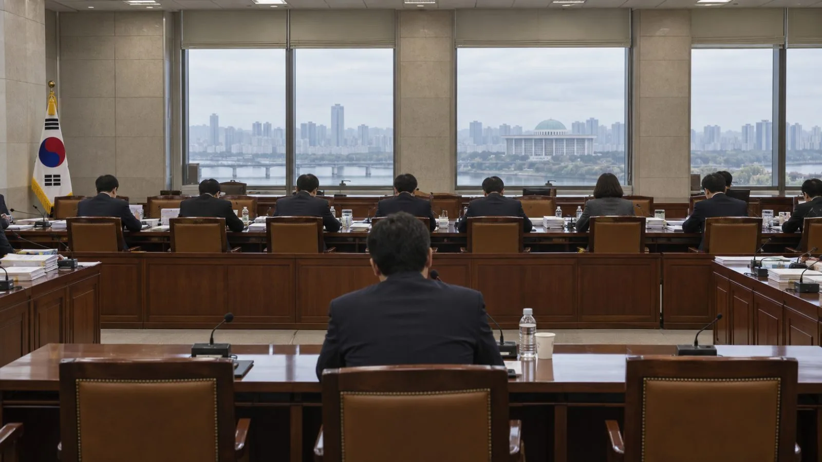 Lawmakers and a witness sit during a parliamentary audit in Seoul, South Korea. (AI-generated image / EconoTimes)