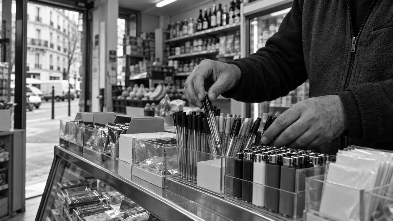 Pens and disposable lighters fill a convenience-store display in Clichy, France / EconoTimes.ai