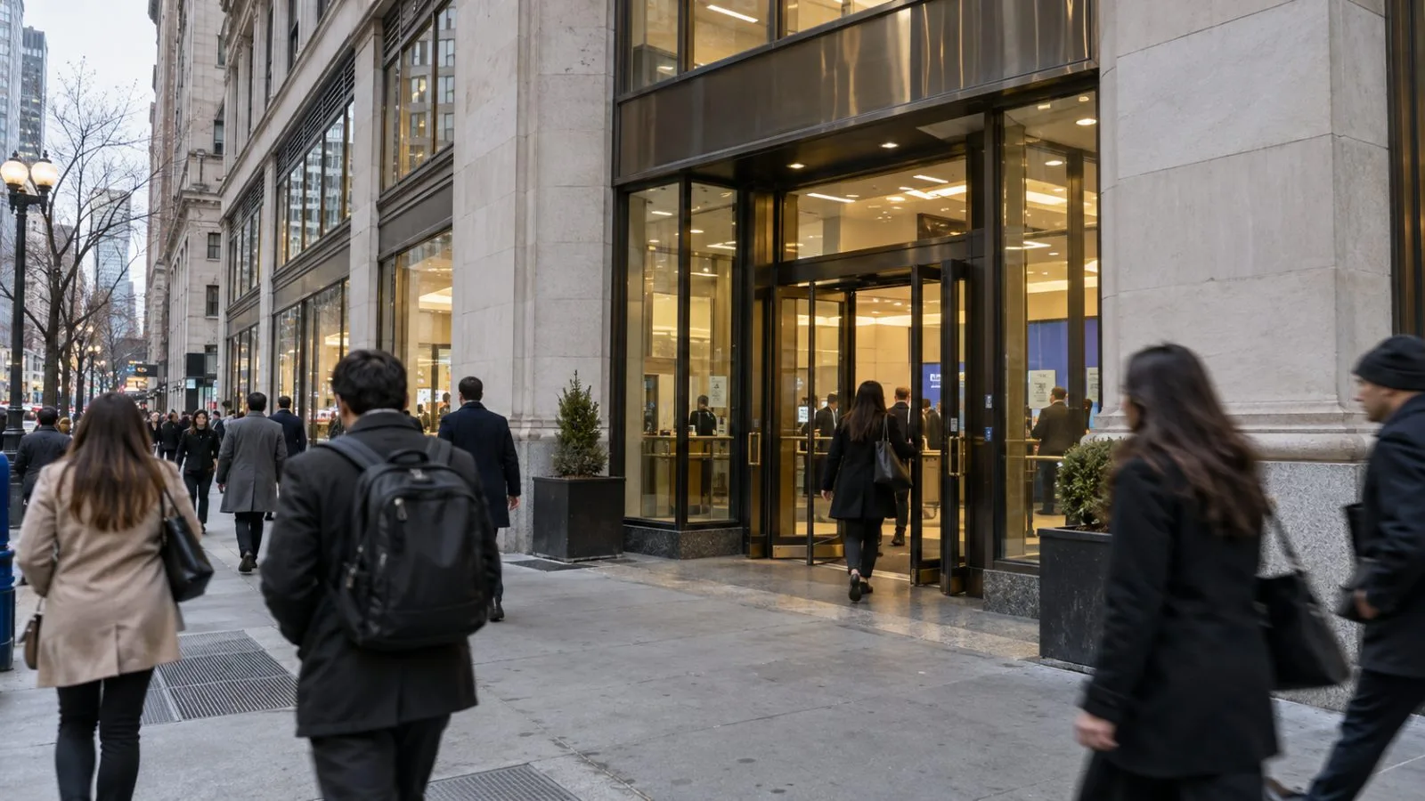Commuters pass a regional bank branch on a commercial avenue in New York City (AI-generated image / EconoTimes)