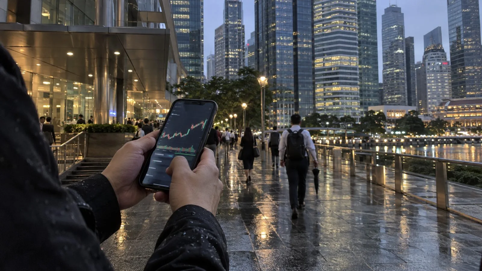 A trader checks a phone at Raffles Place in Singapore on an overcast afternoon. / EconoTimes.ai