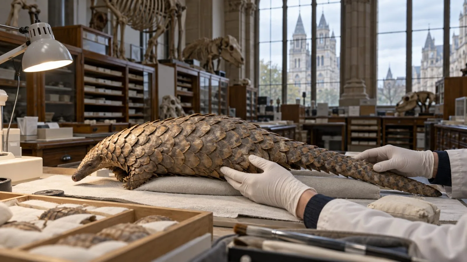 A museum conservator examines a preserved pangolin skin in a London collection room. (AI-generated image / EconoTimes)
