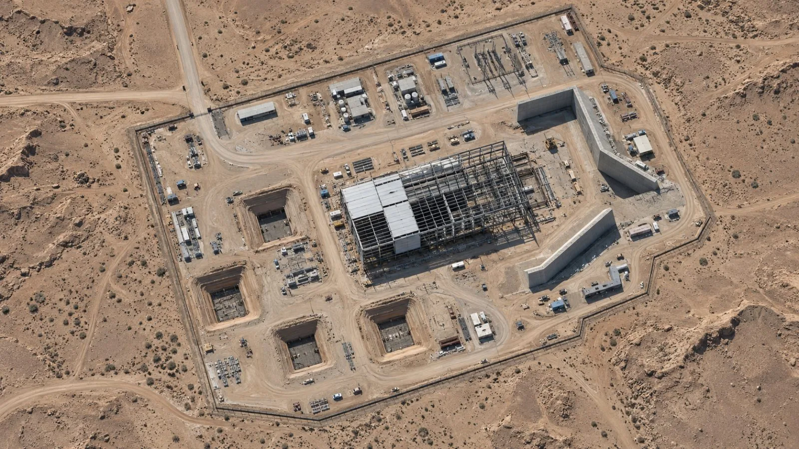 An unfinished casting building and excavation pits sit at Saudi Arabia's al-Duwadimi missile complex. (AI-generated image / EconoTimes)
