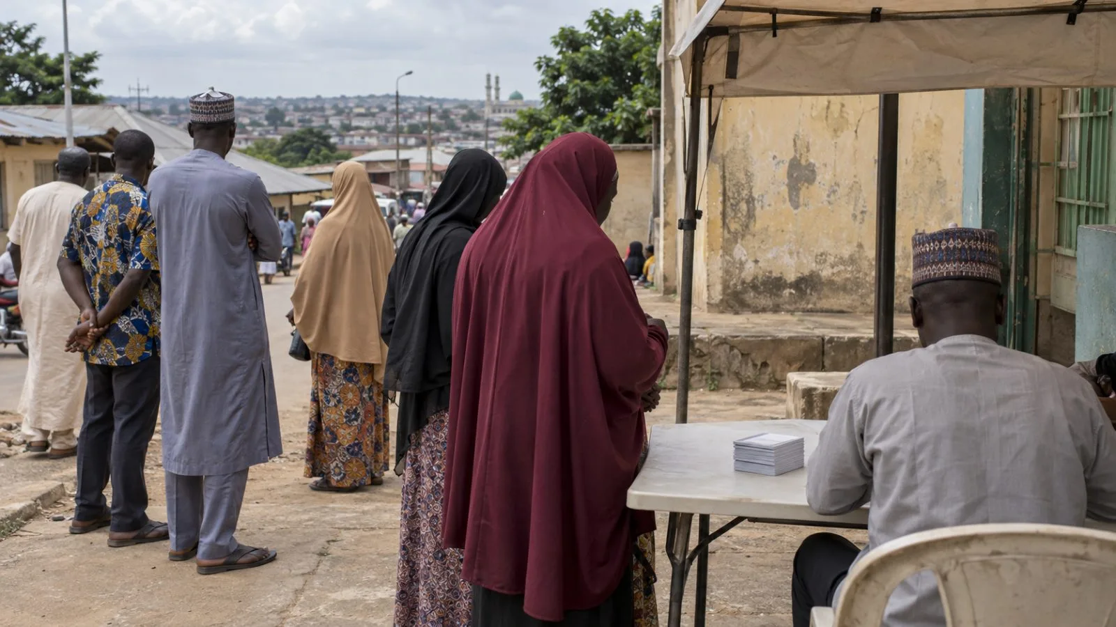 Residents wait at a ward voter-card collection point in Ilorin, Nigeria. (AI-generated image / EconoTimes)