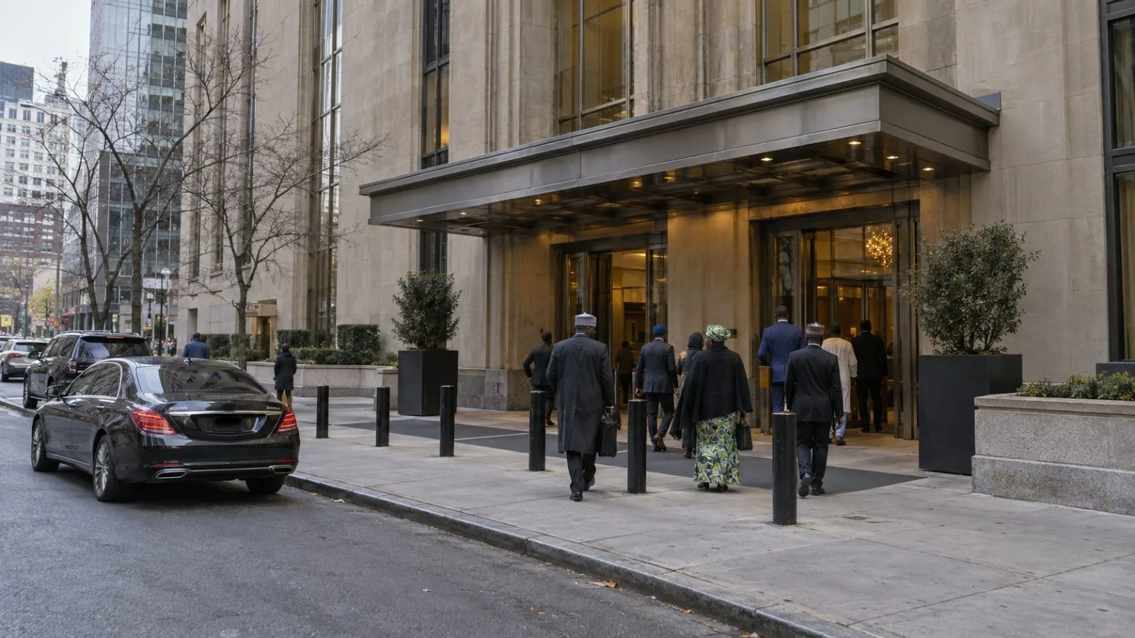 People enter Nigeria House in New York City on an overcast afternoon. (AI-generated image / EconoTimes)