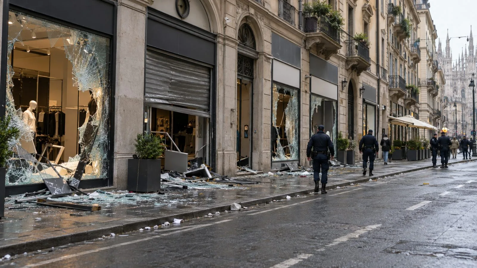 Damaged shopfronts stand along a Milan shopping street after weekend clashes. (AI-generated image / EconoTimes)