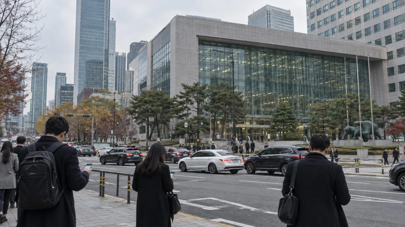 Pedestrians pass the Korea Exchange office entrance in Seoul, South Korea. / EconoTimes.ai