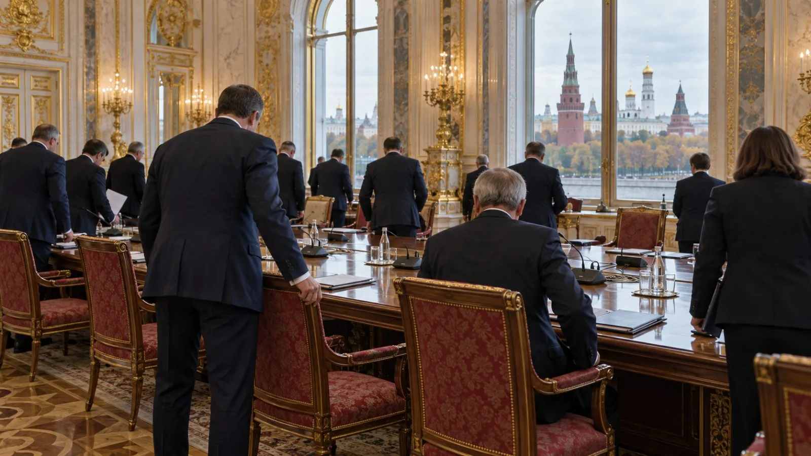 Delegates gather inside the Grand Kremlin Palace in Moscow, Russia, during summit proceedings. (AI-generated image / EconoTimes)