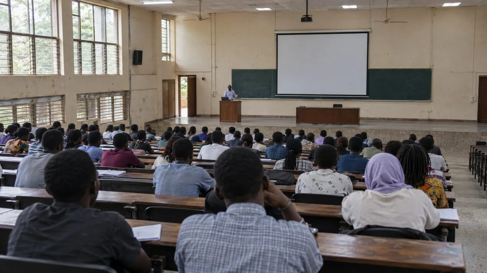 Attendees listen during a university lecture at Obafemi Awolowo University in Ile-Ife, Nigeria. (AI-generated image / EconoTimes)