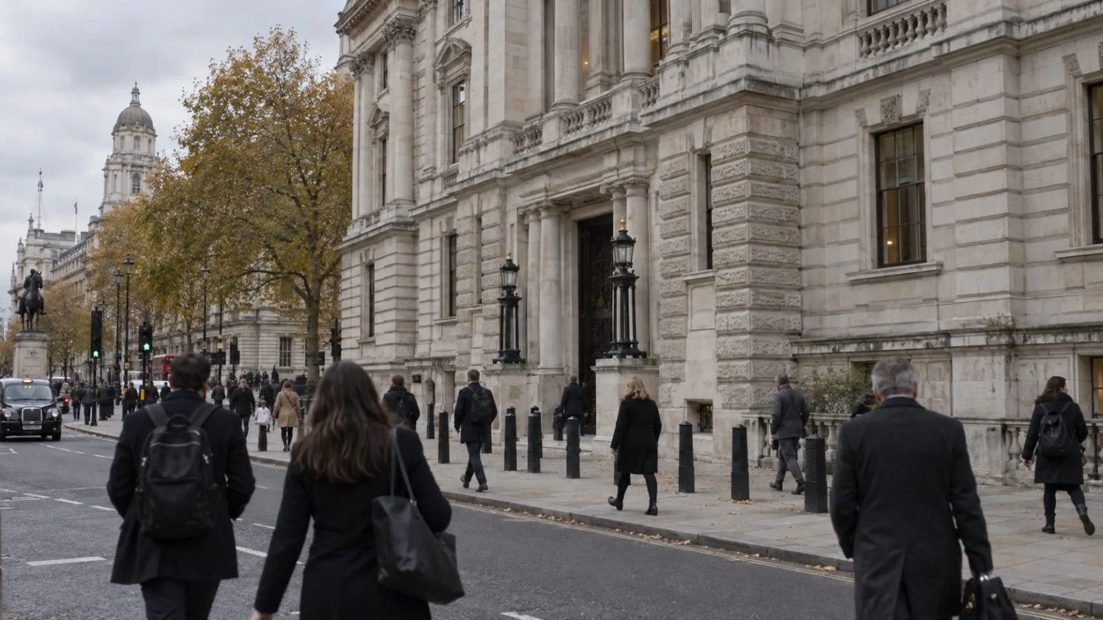 Commuters pass the HM Treasury building on Whitehall in London. / EconoTimes.ai