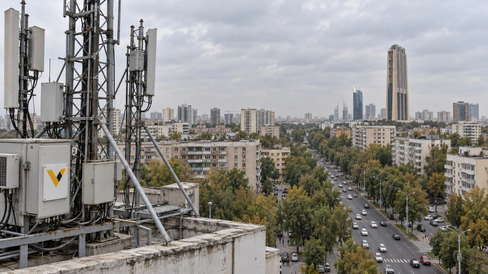 Rooftop mobile antennas overlook traffic on a boulevard in Tashkent, Uzbekistan. / EconoTimes.ai