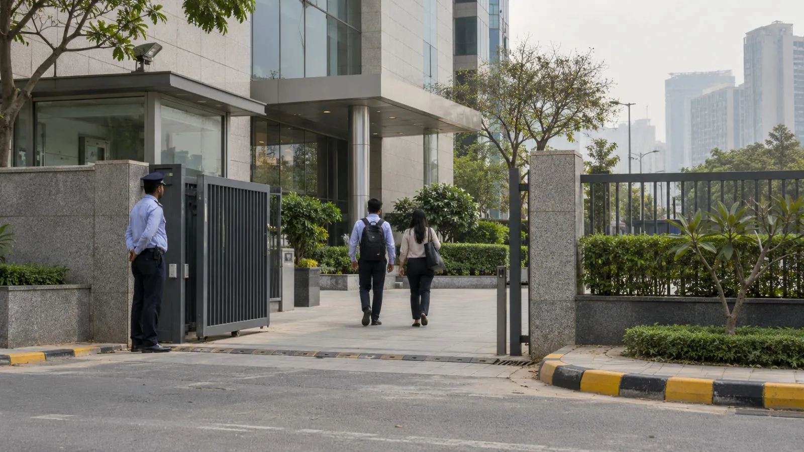 Staff members enter Varun Beverages’ corporate office in Sector 44, Gurugram, Haryana. (AI-generated image / EconoTimes)