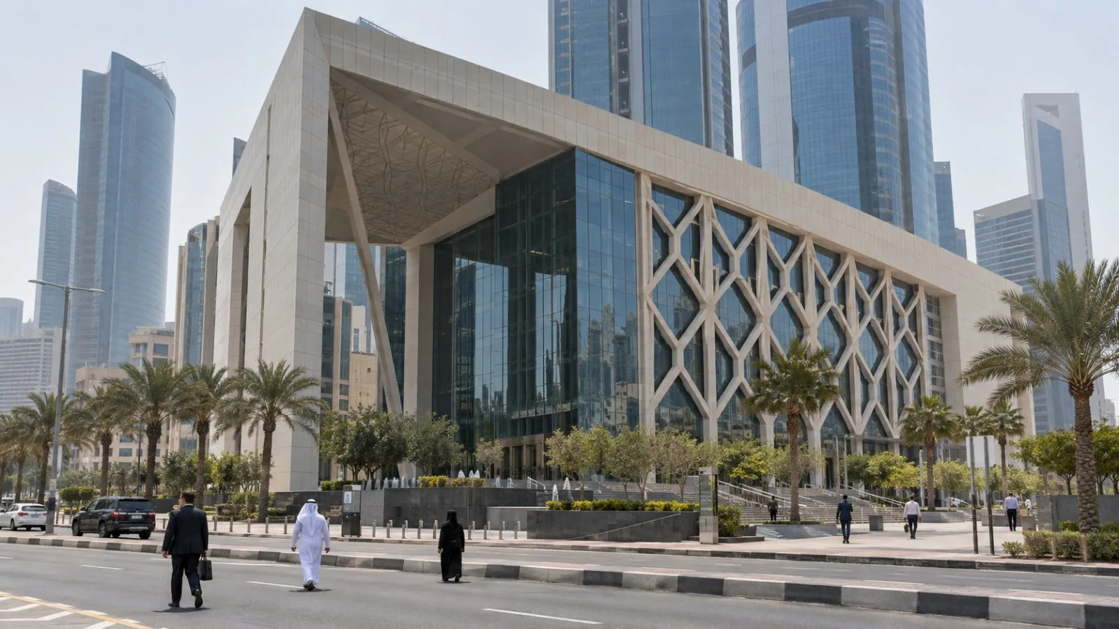 The Abu Dhabi Securities Exchange stands beside a sunlit street in Abu Dhabi (AI-generated image / EconoTimes)