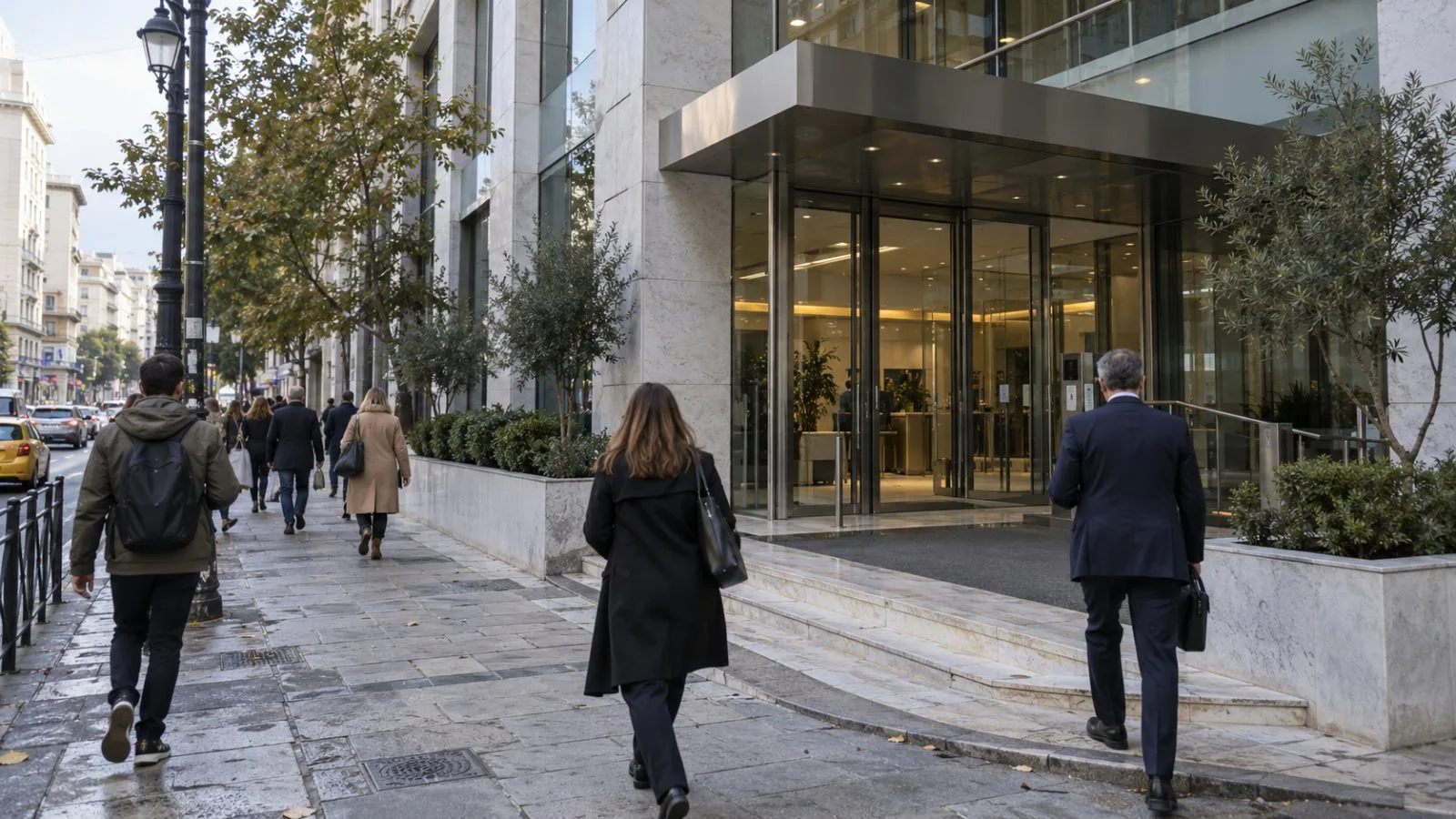 Pedestrians pass the Eurolife FFH headquarters on El. Venizelou Street in Athens. (AI-generated image / EconoTimes)