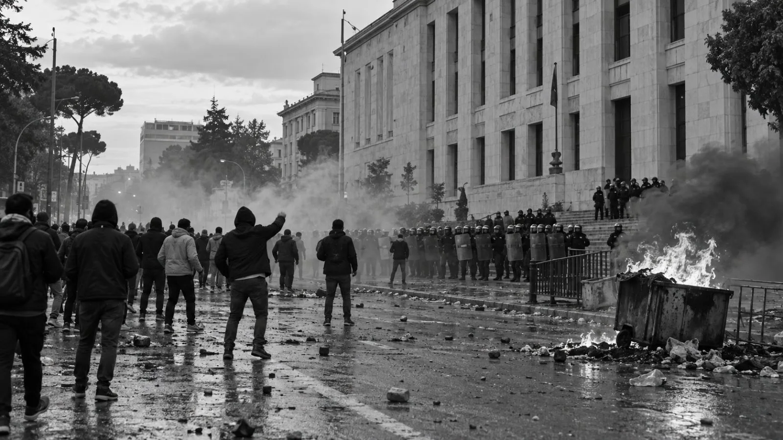 Demonstrators confront police near a burning bin outside the Education Ministry in Tirana, Albania (AI-generated image / EconoTimes)