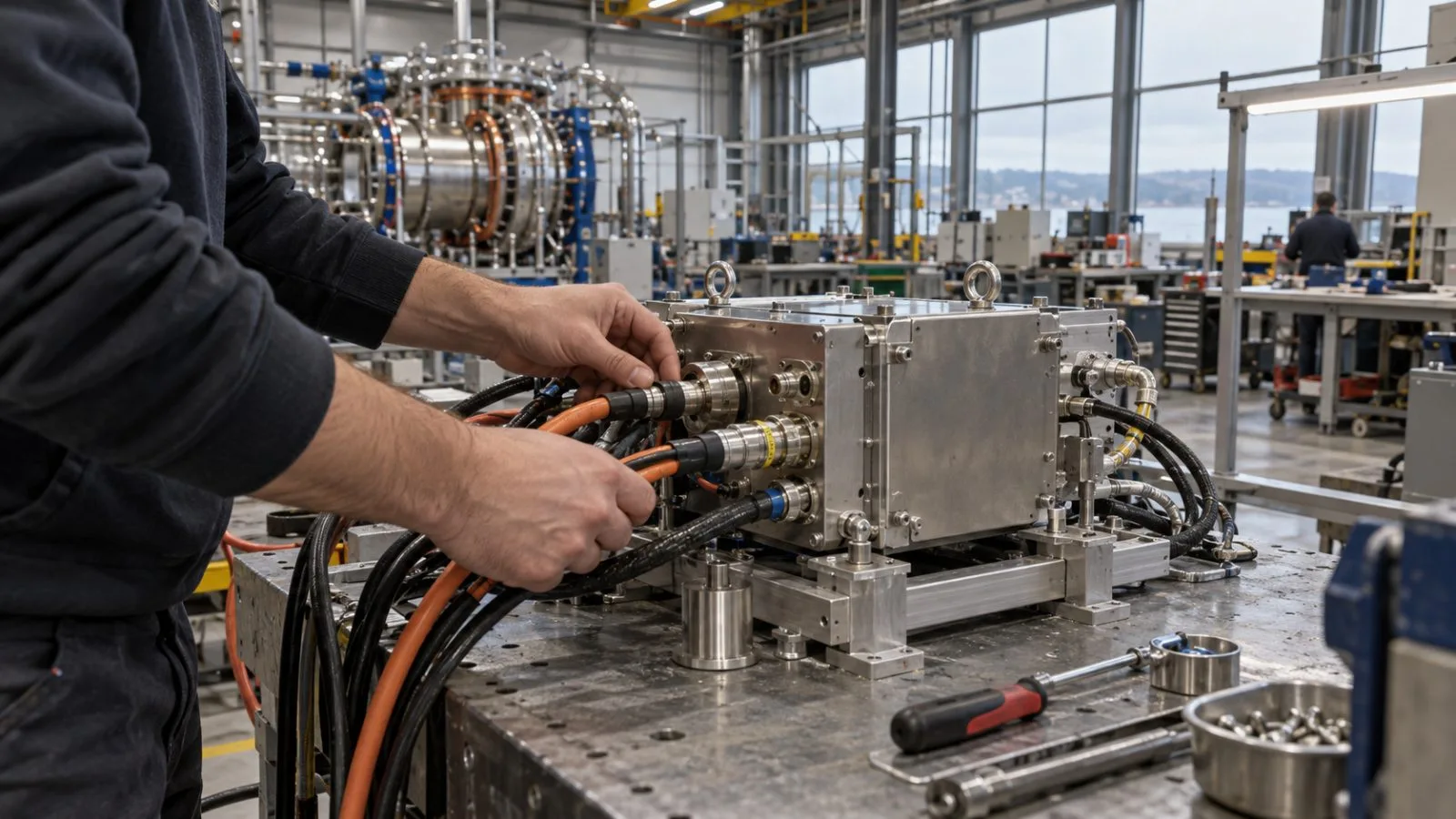 A technician inspects an unbranded power module inside an industrial workshop in Everett, Washington (AI-generated image / EconoTimes)