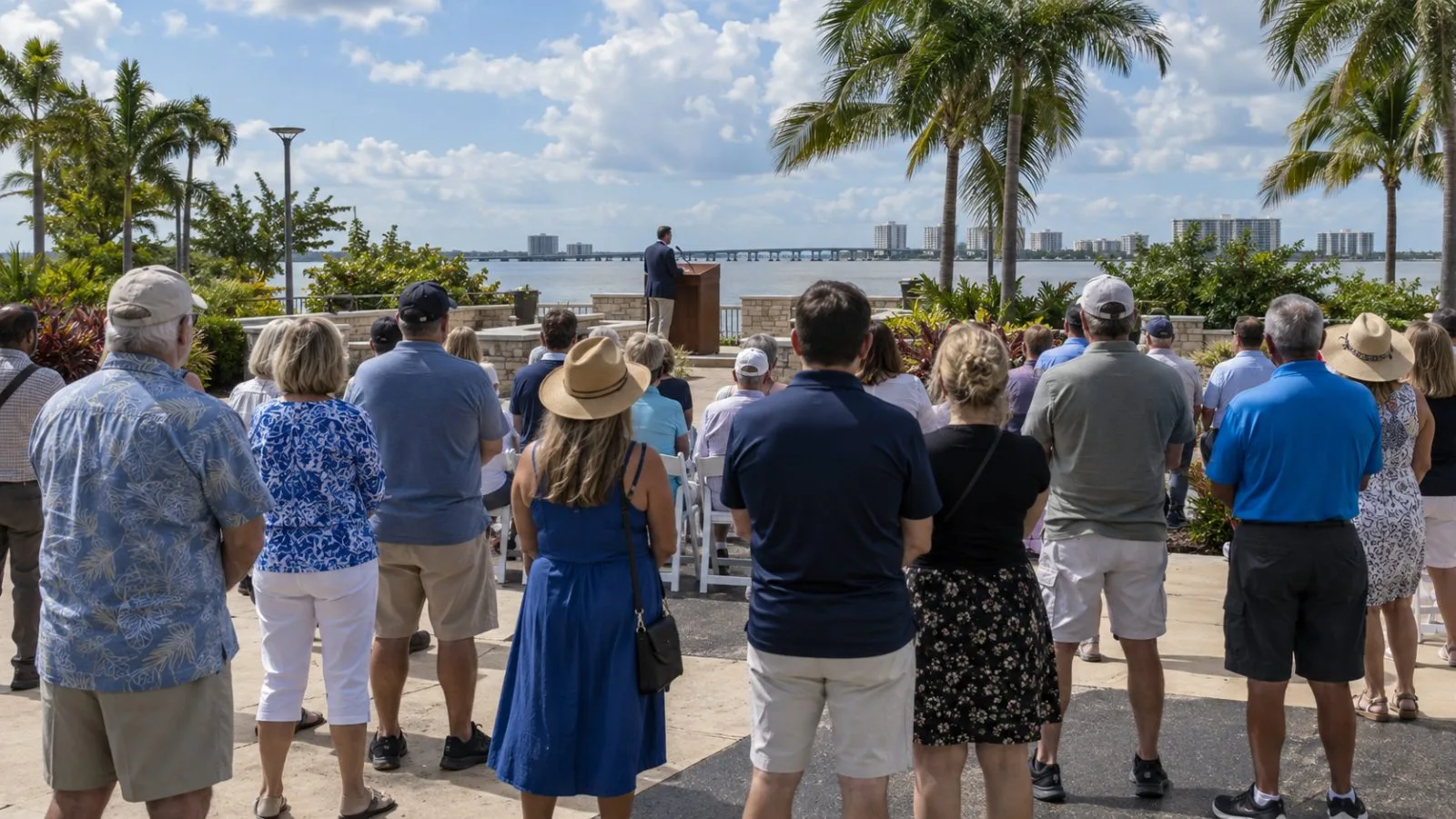 Rallygoers face a stage during a political address in Fort Myers, Florida. (AI-generated image / EconoTimes)