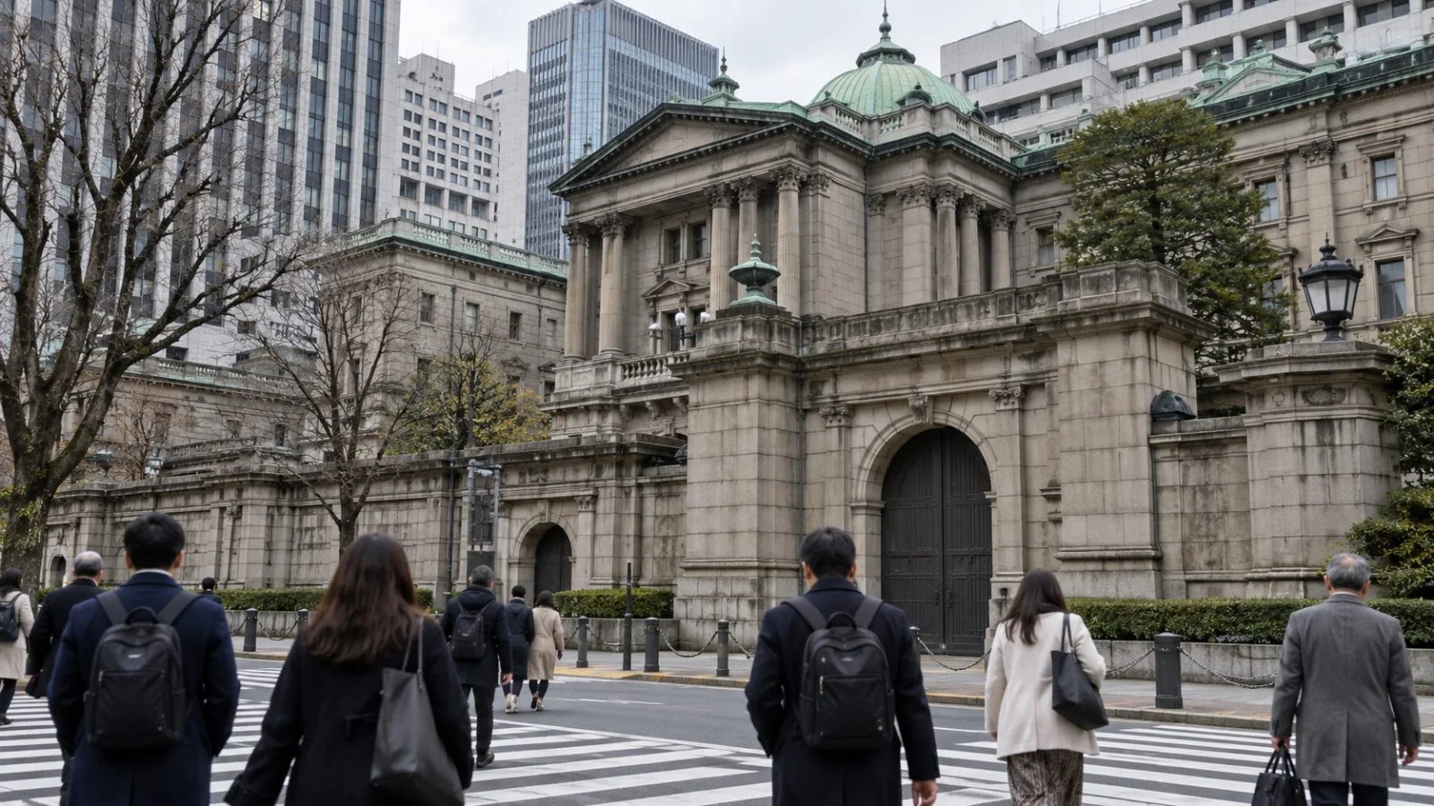 Pedestrians pass the Bank of Japan headquarters in Tokyo on an overcast afternoon. (AI-generated image / EconoTimes)