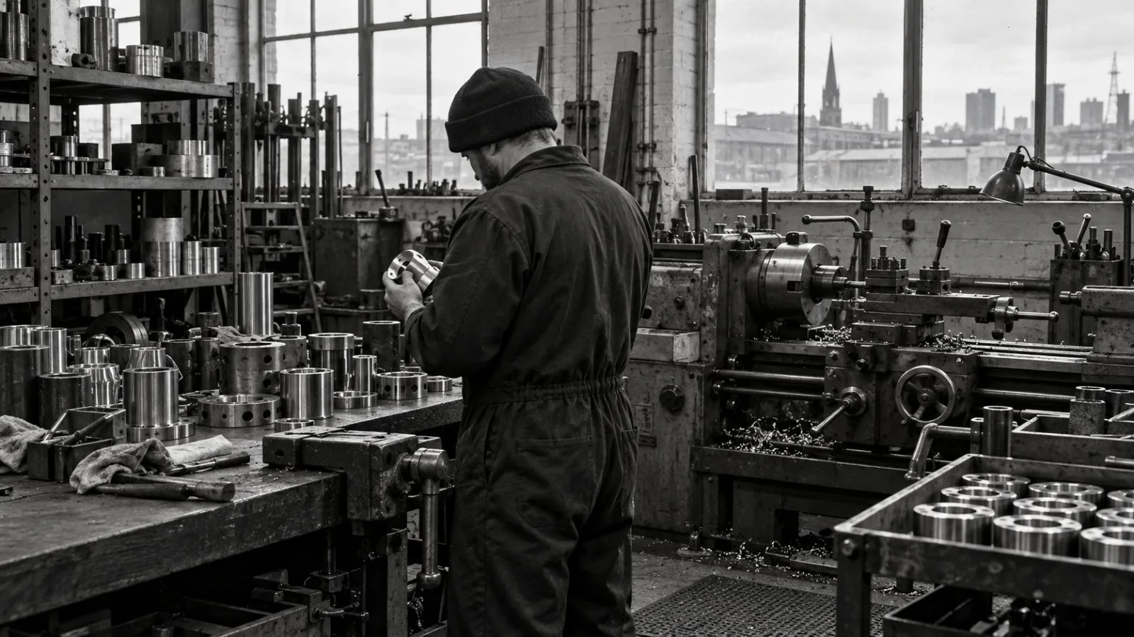 A worker checks a metal component inside a small manufacturing workshop in Birmingham, England. (AI-generated image / EconoTimes)