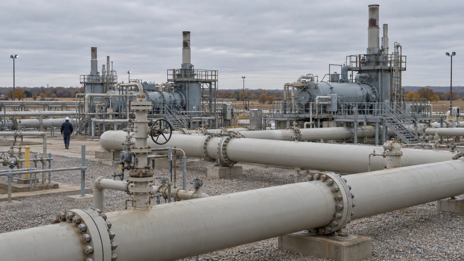 Natural-gas pipes and compressor equipment stand at an industrial site near Tulsa, Oklahoma. (AI-generated image / EconoTimes)