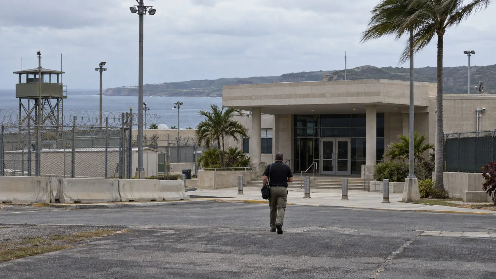 A figure approaches the military commissions courthouse at Guantánamo Bay, Cuba. (AI-generated image / EconoTimes)