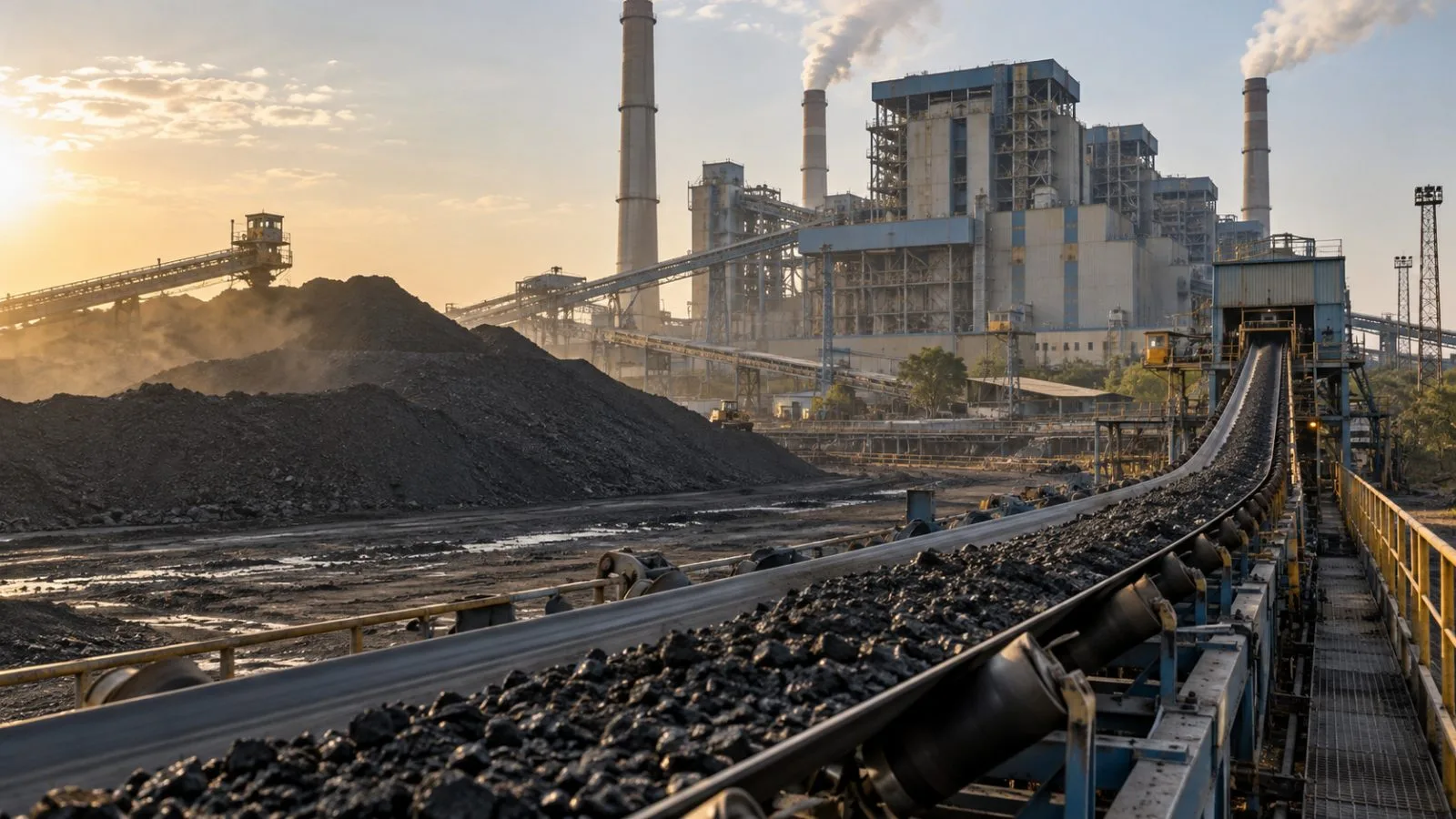A conveyor carries coal above an open stockpile at a thermal power station in Korba, India. (AI-generated image / EconoTimes)