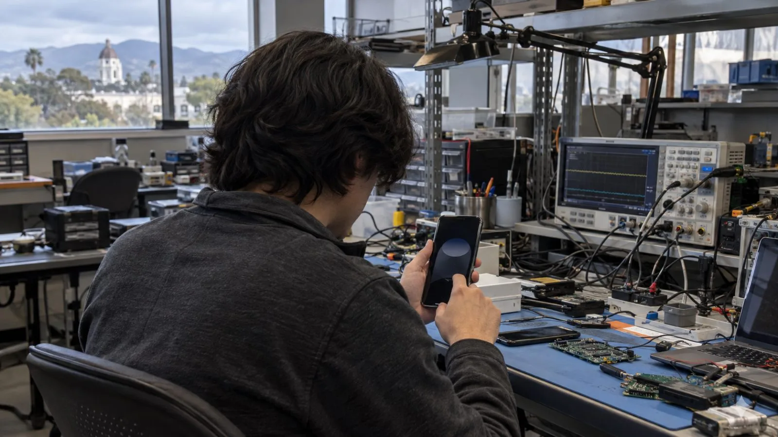 A technician tests an AI assistant on a smartphone at a device lab in Pasadena, California. (AI-generated image / EconoTimes)