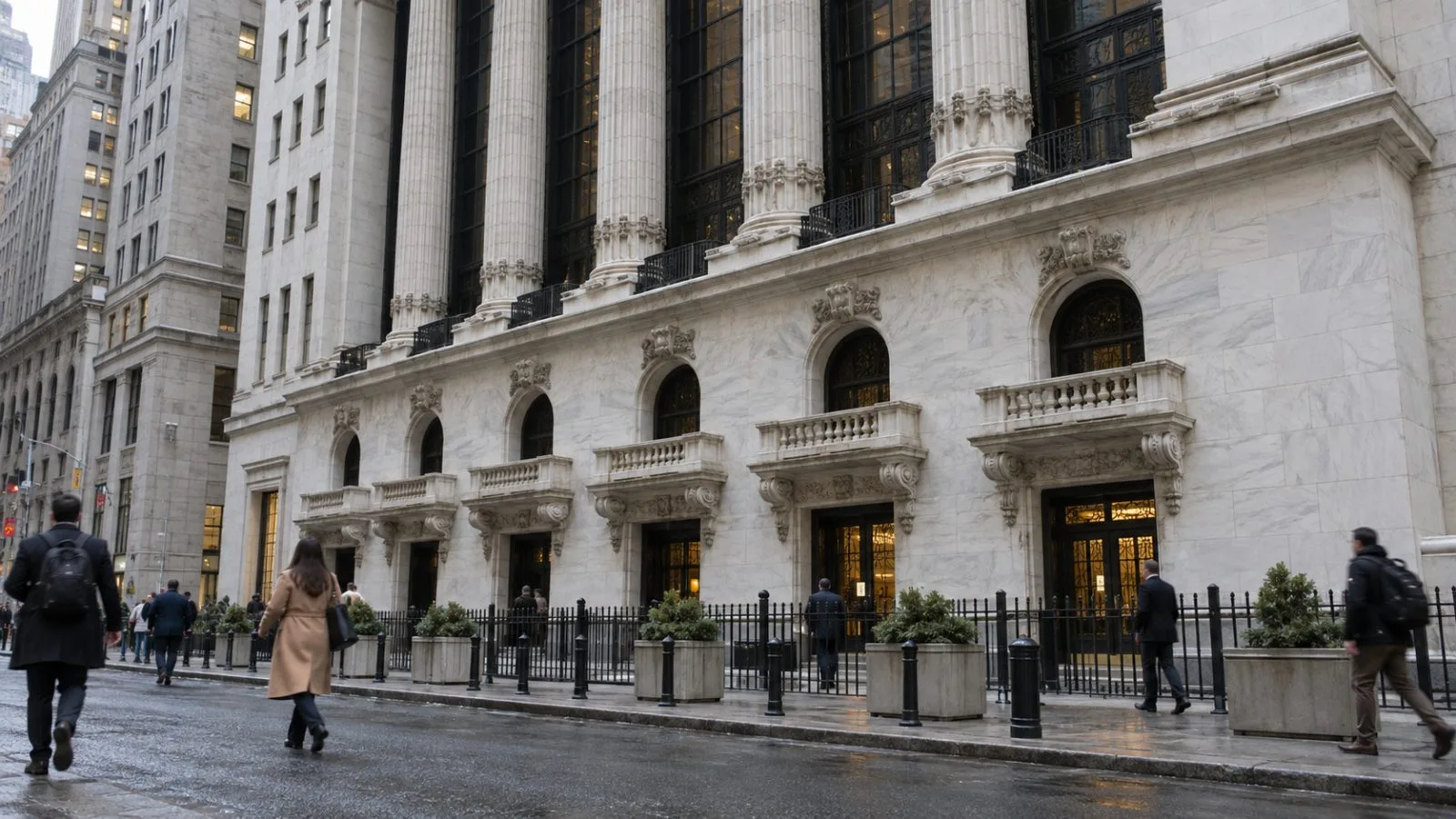 Pedestrians pass the New York Stock Exchange in Manhattan on an overcast morning. (AI-generated image / EconoTimes)