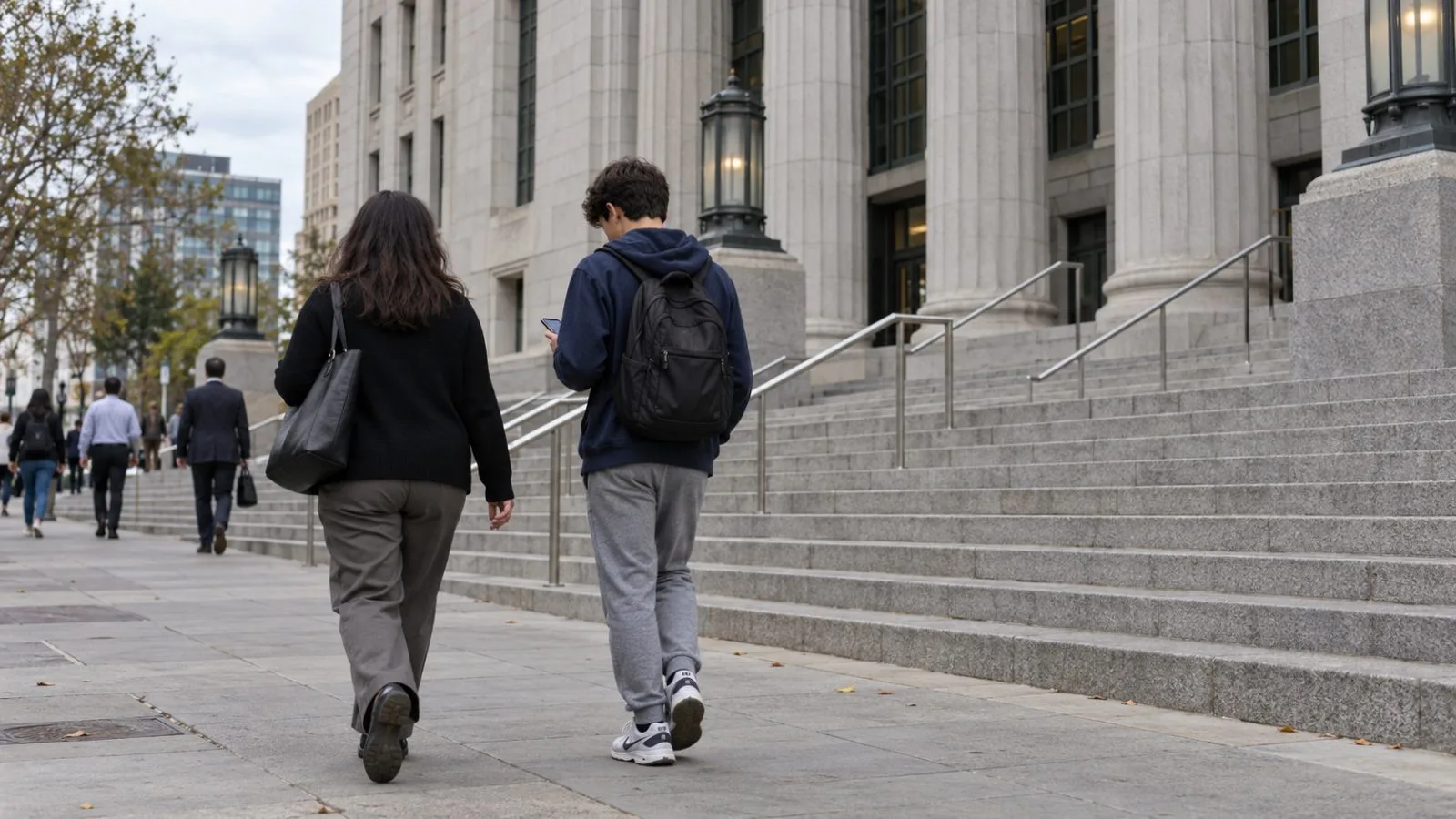 A parent and teenager walk past the federal courthouse in Oakland, California. (AI-generated image / EconoTimes)