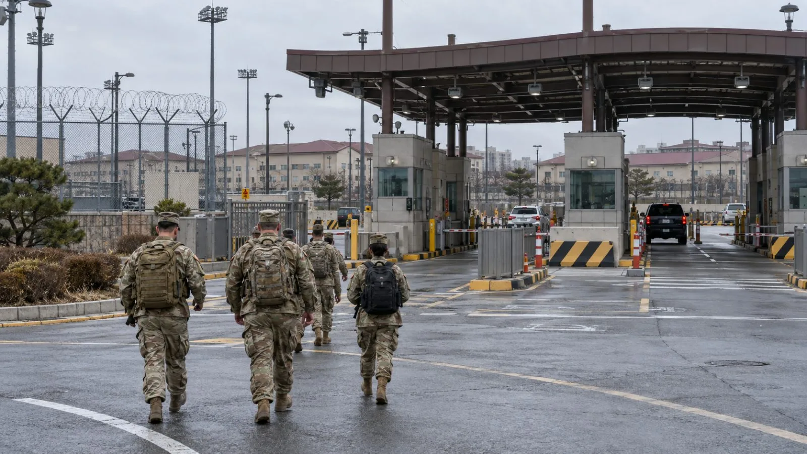 Uniformed personnel approach an entrance at Camp Humphreys in Pyeongtaek, South Korea. (AI-generated image / EconoTimes)