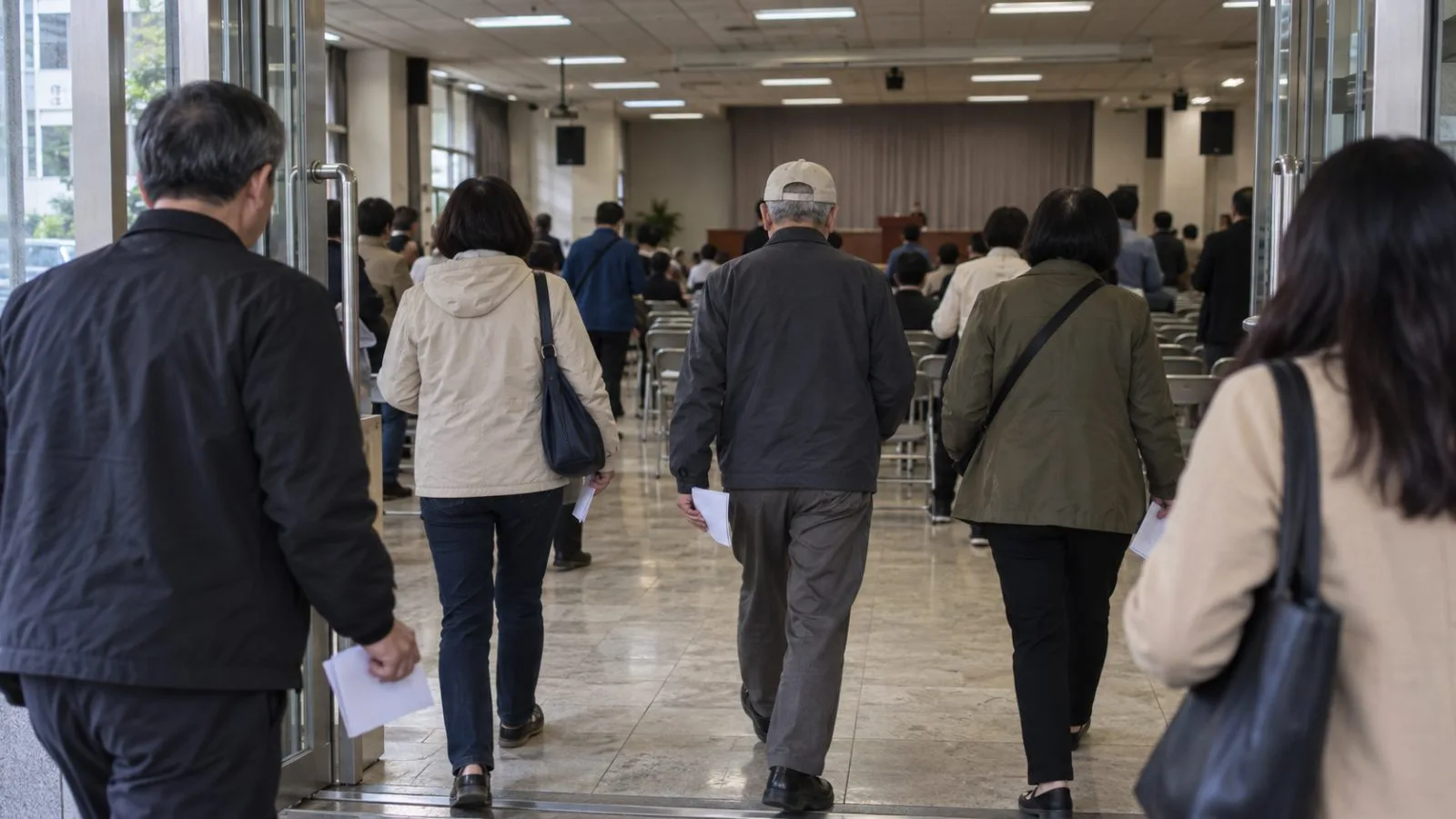 Attendees gather inside a Taipei campaign-event hall during Taiwan’s local election campaign. (AI-generated image / EconoTimes)