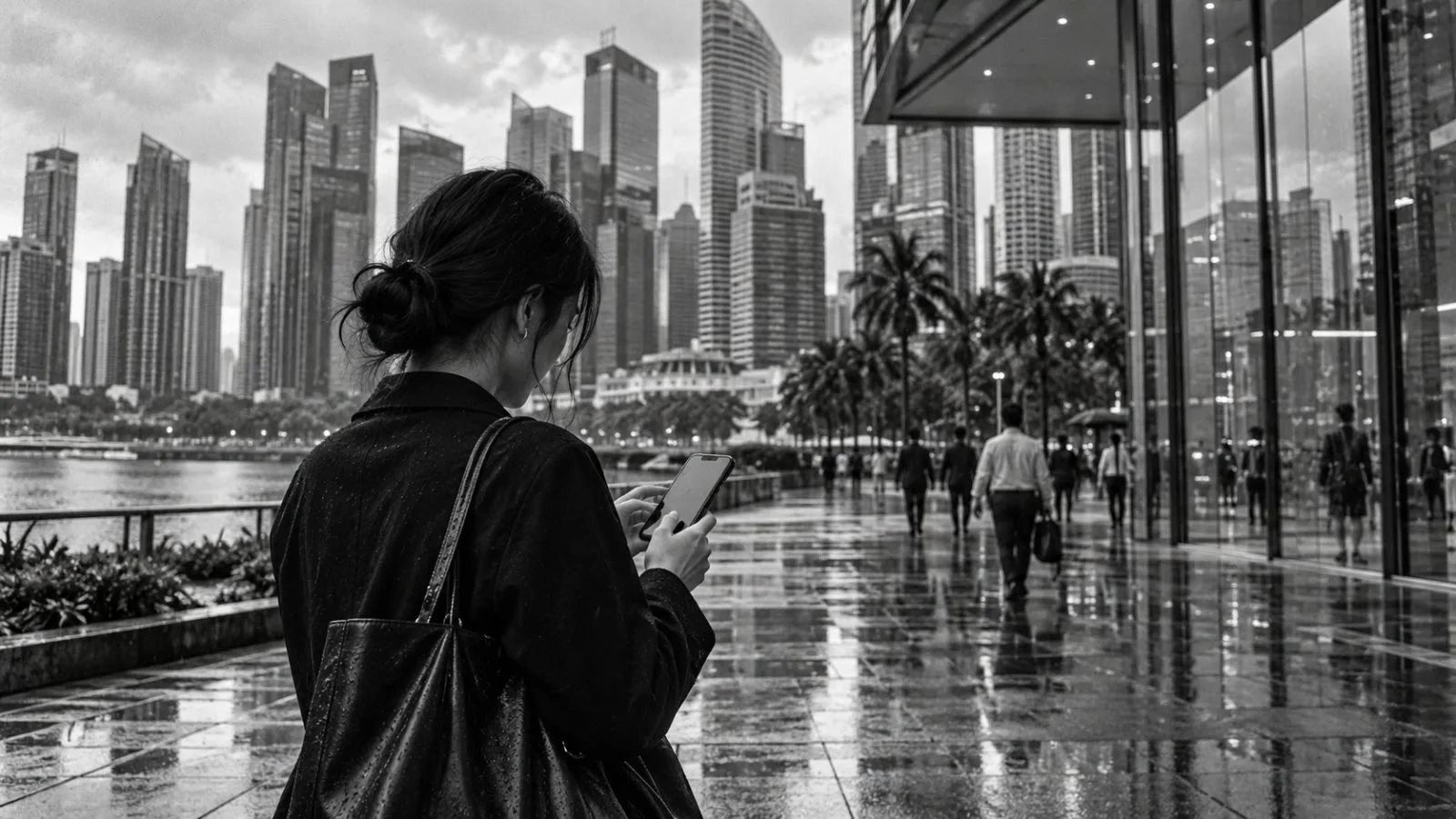 A commuter checks a mobile phone outside a commercial tower in Singapore. (AI-generated image / EconoTimes)