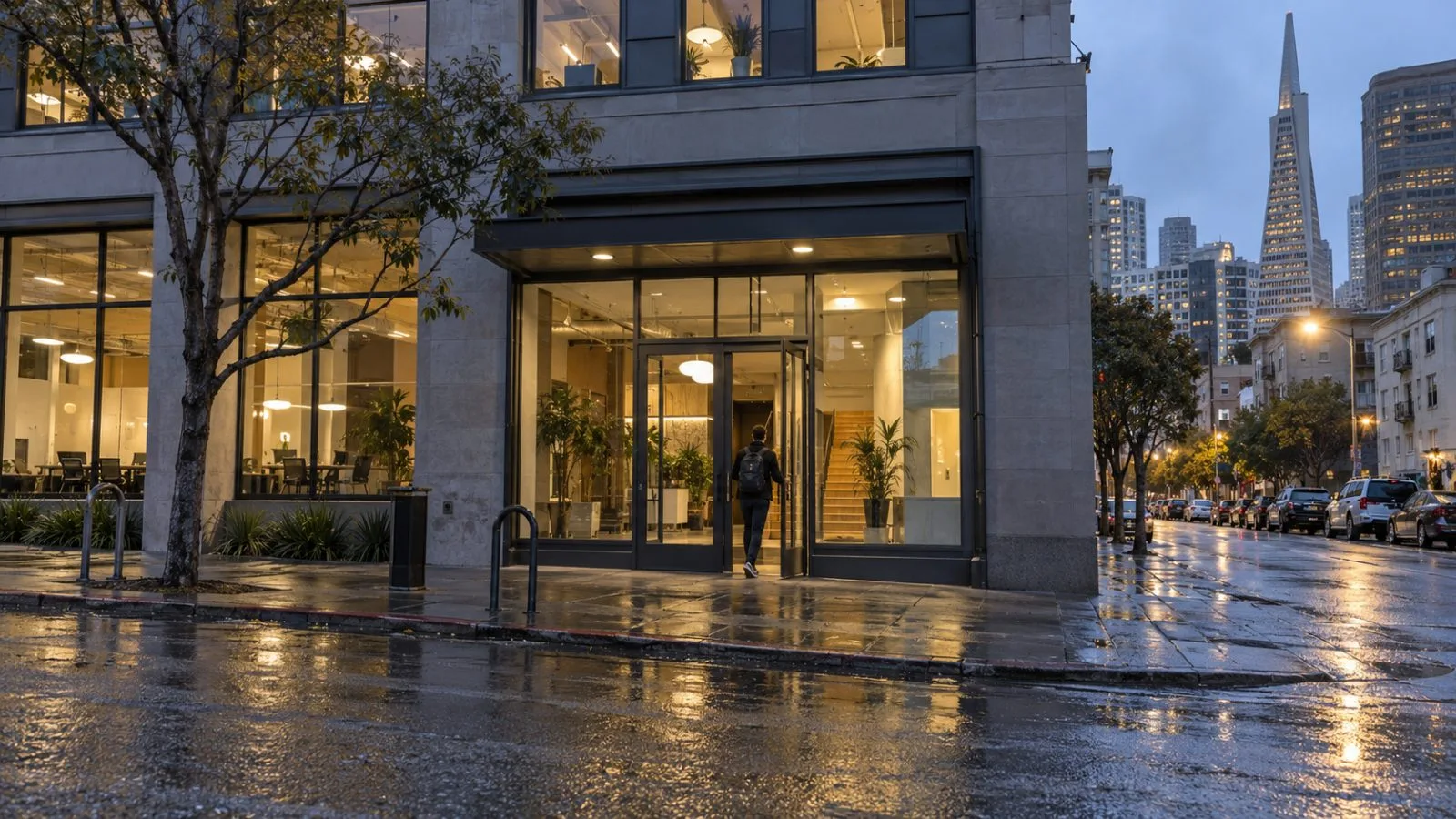 An office building stands on a San Francisco street at dusk after rain. (AI-generated image / EconoTimes)