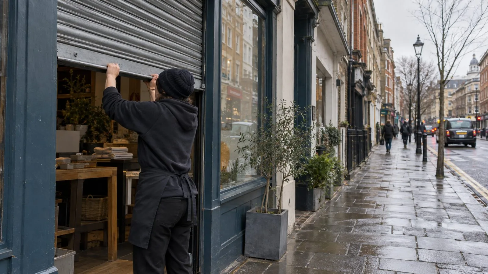 A worker opens a small independent shop on a London shopping street. (AI-generated image / EconoTimes)