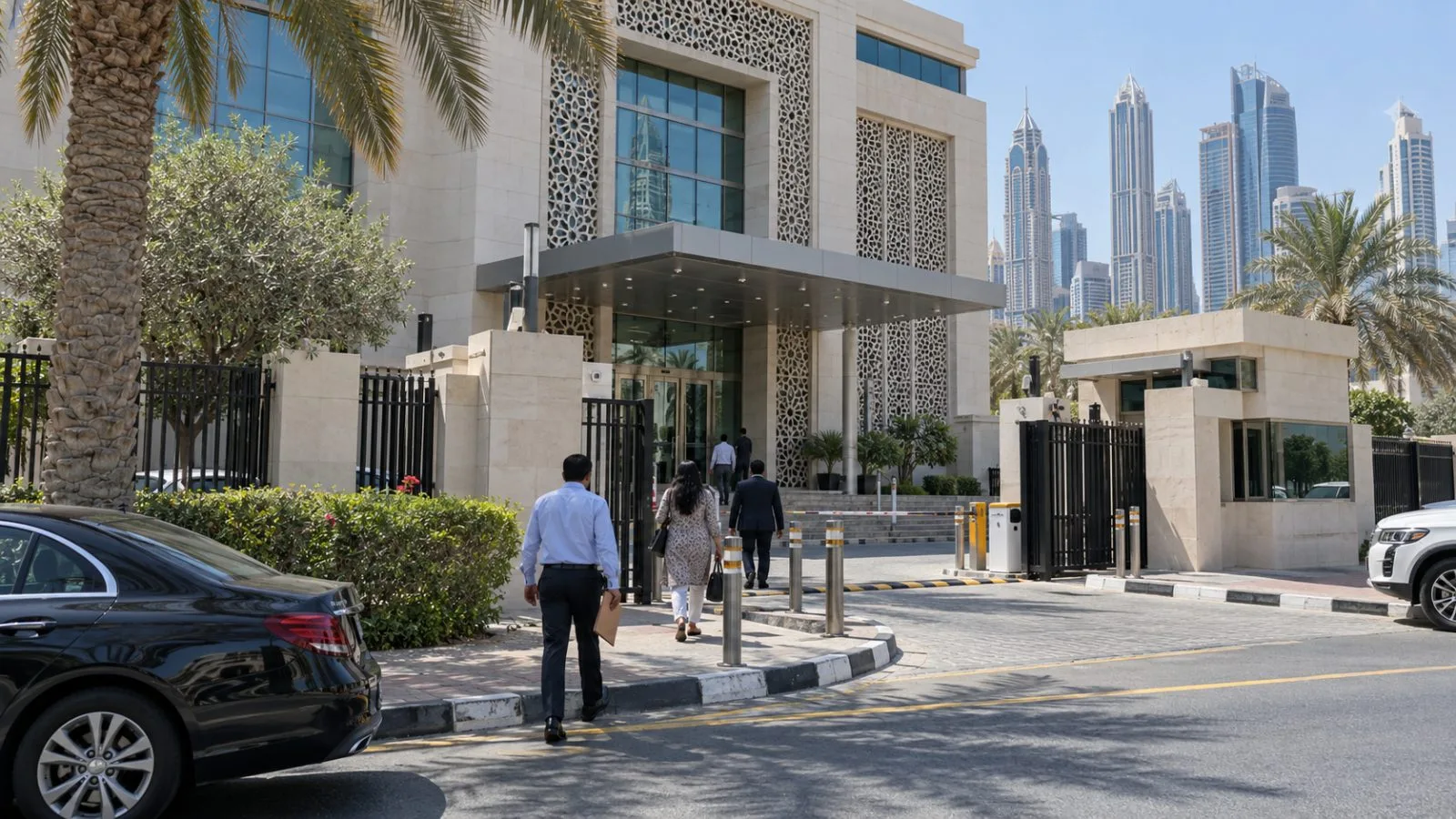 Visitors approach the Consulate General of India in Dubai, United Arab Emirates, in bright morning light (AI-generated image / EconoTimes)