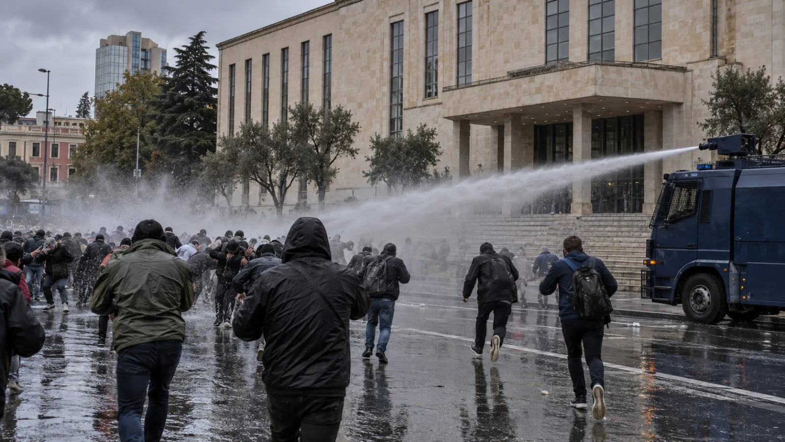 A police water cannon sprays demonstrators outside an education ministry building in Tirana, Albania. (AI-generated image / EconoTimes)