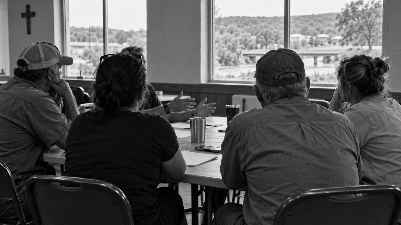 Participants sit around a table at a community meeting in Kerrville, Texas. (AI-generated image / EconoTimes)